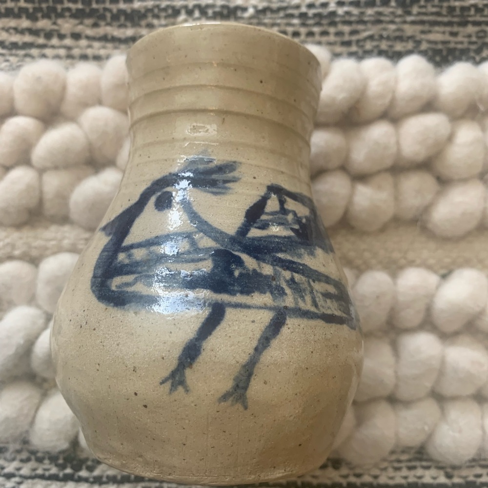Vintage Art Pottery Signed Ceramic Vase with blue bird 2.5 x 5 inches